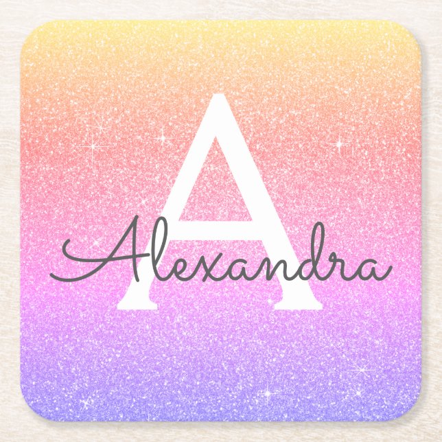 Porta-copo De Papel Quadrado Aniversário do Rainbow Glitter & Sparkle Monograma (Frente)