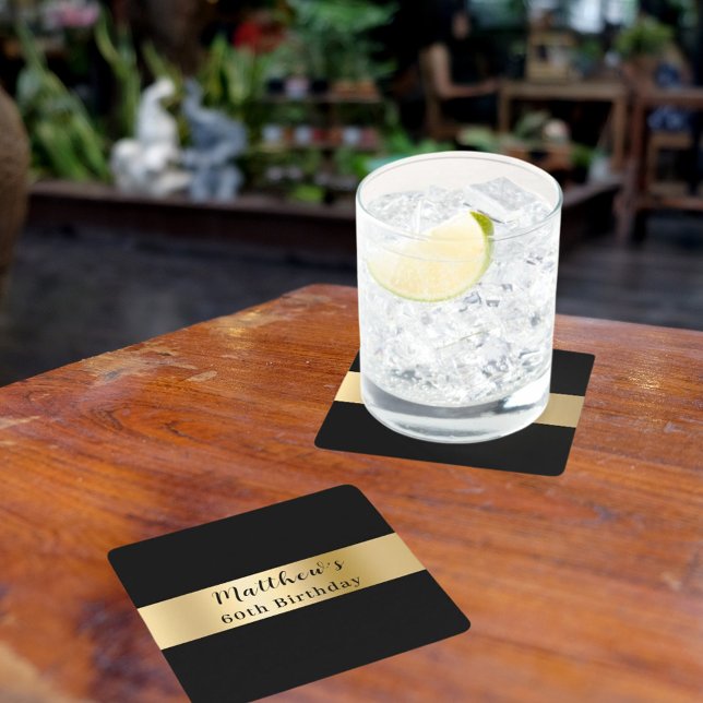 Porta-copo De Papel Quadrado Aniversário do script de nome ouro preto (Criador carregado)