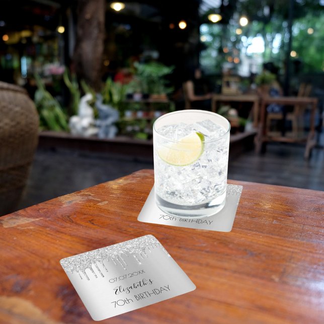 Porta-copo De Papel Quadrado Aniversário do Silver Glitter (Criador carregado)