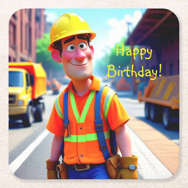 Porta-copo De Papel Quadrado Aniversário do Trabalhador de Construção (Frente)