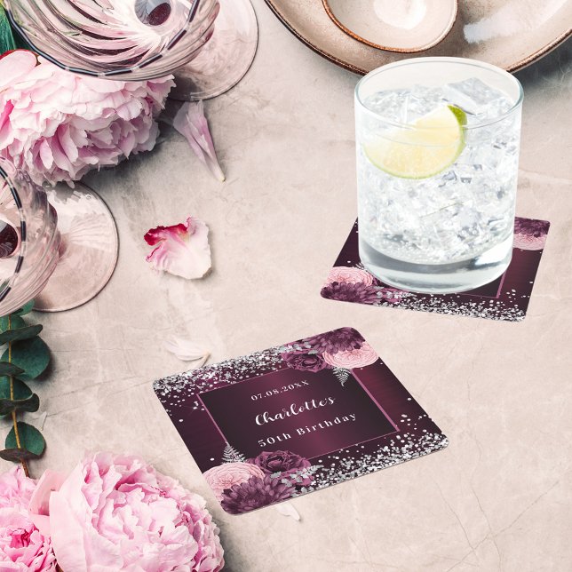 Porta-copo De Papel Quadrado Aniversário dos florais de prata borgonha (Criador carregado)