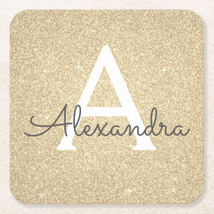 Porta-copo De Papel Quadrado Aniversário Dourado luxuoso do monograma do brilho