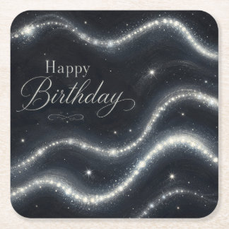 Porta-copo De Papel Quadrado Aniversário Elegante Preto Prata Diamante Ondas