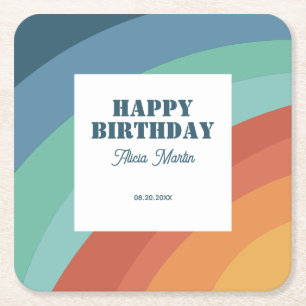 Porta-copo De Papel Quadrado Aniversário feliz do Retro Groovy Rainbow