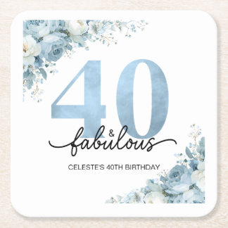 Porta-copo De Papel Quadrado Aniversário Floral Azul Personalizado 40 e Fabulos