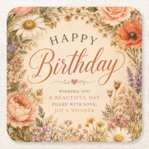 Porta-copo De Papel Quadrado Aniversário Floral Retro Personalizado com flores