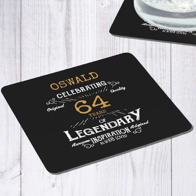 Porta-copo De Papel Quadrado Aniversário negro Dourado (Personalized black and gold birthday party paper coaster.)
