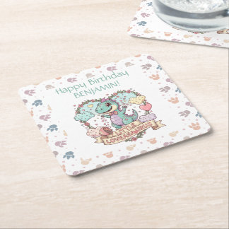 Porta-copo De Papel Quadrado Aniversário Personalizado do Pequeno Dinossauro