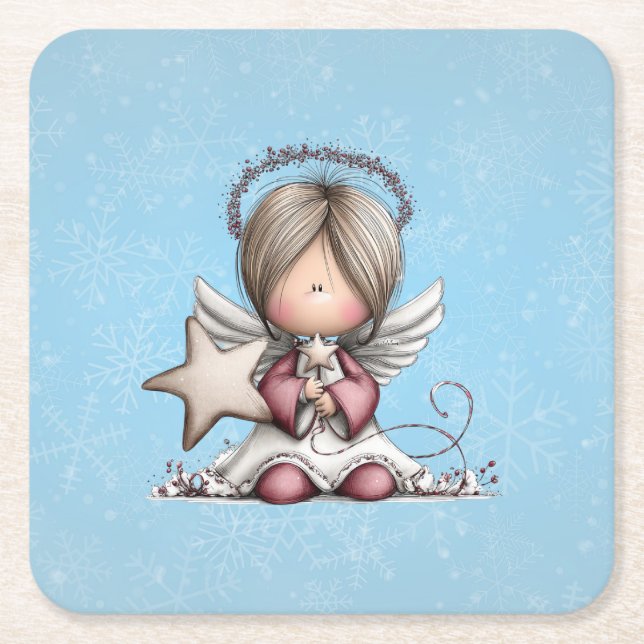 Porta-copo De Papel Quadrado Anjo de Natal Caprichoso (Frente)