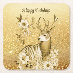 Porta-copo De Papel Quadrado Apoio de Papel de Natal com Rena Floral Dourada