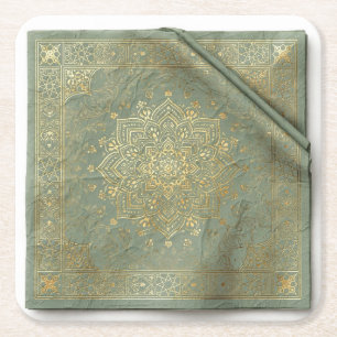 Porta-copo De Papel Quadrado Aposentos Verde e Dourado Mughal Mandala - Luxo