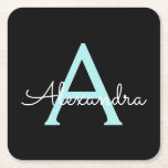 Porta-copo De Papel Quadrado Aqua Teal Blue Script Girly Monographic Name<br><div class="desc">Portas copos de papel com o nome do script simples Black e Aqua al Blue. Isso faz a formatura perfeita,  aniversário,  casamento,  chá de panela,  aniversário,  chá de fraldas ou presente de festa de solteira para alguém que ama luxo de vidro e estilos quíticos.</div>