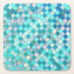 Porta-copo De Papel Quadrado Aqua Teal Dourado Padrão do Azulejo marroquino Ori