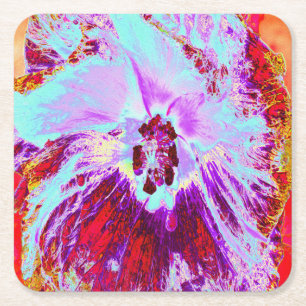 Porta-copo De Papel Quadrado Aqua tropical abstrato e flor de hibisco roxa