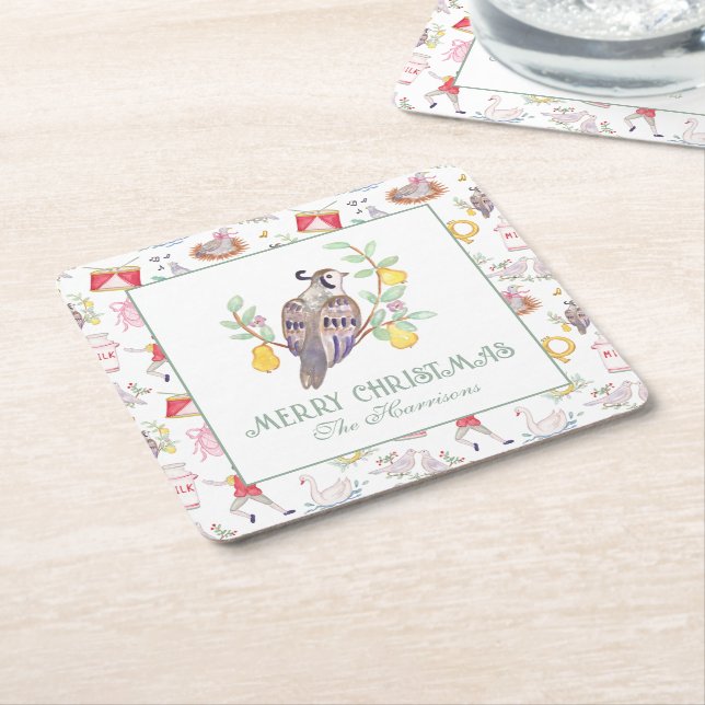 Porta-copo De Papel Quadrado Aquarela 12 dias de abrigo de Natal (Inclinado)