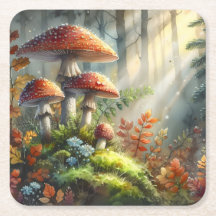 Aquarela Amanita Mushroom Forest Foliage Art