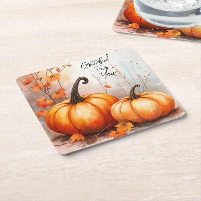 Porta-copo De Papel Quadrado Aquarela Autumn Pumpkins Grateful (Inclinado)
