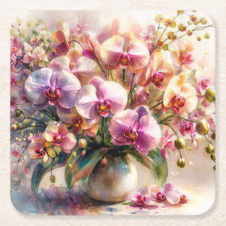 Porta-copo De Papel Quadrado Aquarela Botânica - Arte Floral de Orquídea