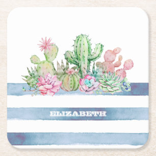 Porta-copo De Papel Quadrado Aquarela Cactus Suculentas Flores Listras 