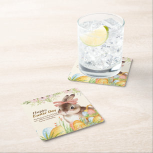 Porta-copo De Papel Quadrado Aquarela Coelhinho Floral com Laço de Feliz Páscoa