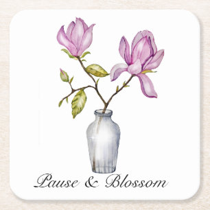 Porta-copo De Papel Quadrado Aquarela de Magnólia Rosa Elegante em Vaso de Vidr