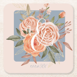 Porta-copo De Papel Quadrado Aquarela Floral Rosas Bege Rosa Poento Dourado
