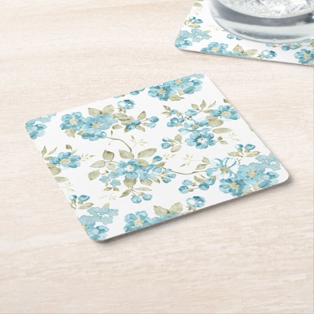 Porta-copo De Papel Quadrado Aquarela Floral Turquesa Água Verde Oliva Fofo (Inclinado)