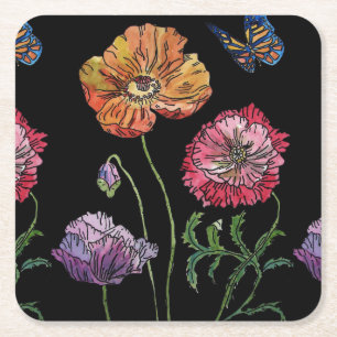 Porta-copo De Papel Quadrado Aquarela Laranja Amarelo Floral de Papoula Preto 