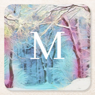 Porta-copo De Papel Quadrado Aquarela moderna de árvores nevadas coloridas