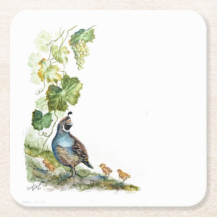 Porta-copo De Papel Quadrado Aquarela Personalizada Família de Codorniz da Cali