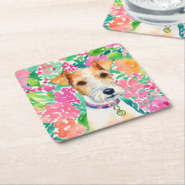 Porta-copo De Papel Quadrado Aquarela Pré-Papoila Palm Beach Fox Terrier Cog