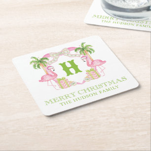 Porta-copo De Papel Quadrado Aquarela Rosa Flamingo Monograma Cor de Água Crest