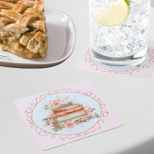 Porta-copo De Papel Quadrado Aquarela Rosas Cor-de-Rosa e Livros Floral 