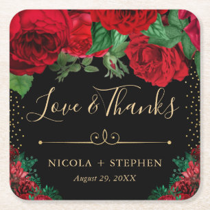 Porta-copo De Papel Quadrado Aquarela Rosas Douradas e Vermelhas Glam Casamento