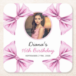 Porta-copo De Papel Quadrado Arco Rosa Elegante Foto Coquette Sweet 16 Aniversá