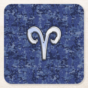 Porta-copo De Papel Quadrado Aries Símbolo Zodiac no Camo Digital Azul Marinho