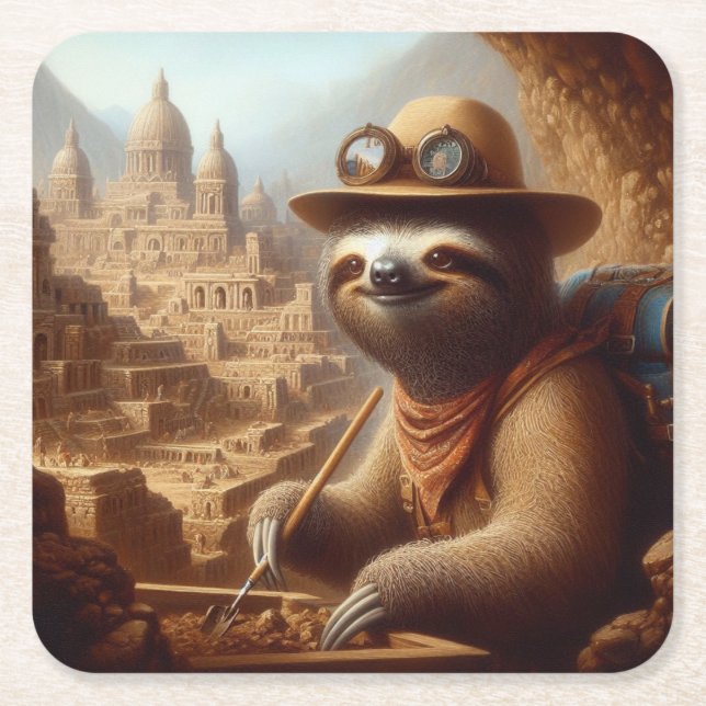 Porta-copo De Papel Quadrado Arqueólogo Sloth (Frente)