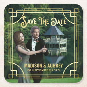 Porta-copo De Papel Quadrado Art Deco Add Your Photo Elegant Dourado Save the D