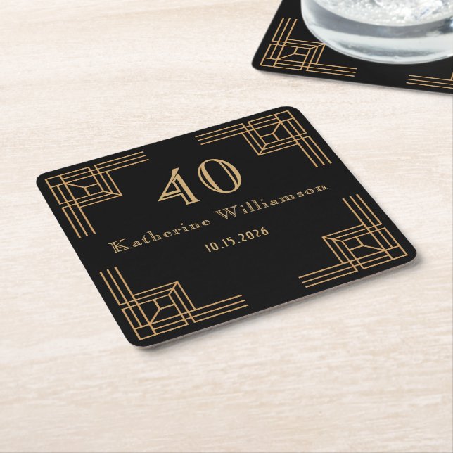 Porta-copo De Papel Quadrado Art Deco Birthday Black Gold Roaring 20's (Inclinado)
