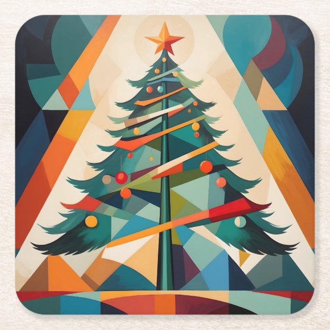 Porta-copo De Papel Quadrado Art Deco Geometric Christmas Tree Triangle (Frente)