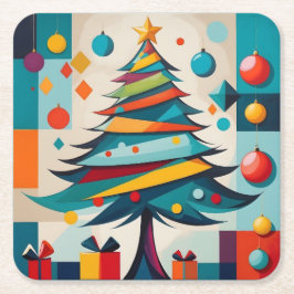 Porta-copo De Papel Quadrado Art Deco Geometric Joyful Christmas Tree with Gift