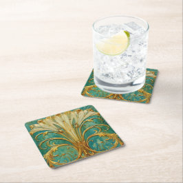 Porta-copo De Papel Quadrado Art Deco Retro Dourado Turquesa Flor de Trombeta