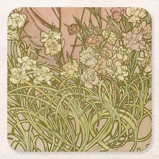 Porta-copo De Papel Quadrado Art Nouveau Alfonse Mucha Floral (Frente)