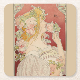 Porta-copo De Papel Quadrado Art Nouveau Belle Époque Senhorita Rosas Livemont