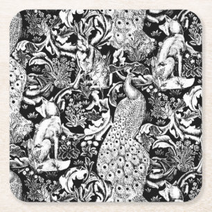 Porta-copo De Papel Quadrado Art Nouveau Impressão de Peacock, Preto e Branco