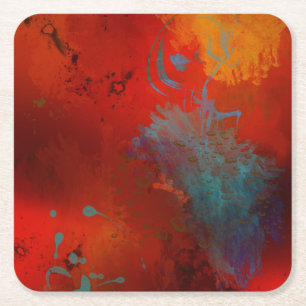 Porta-copo De Papel Quadrado Arte abstrata digital Grunge Vermelho, Aqua & Dour