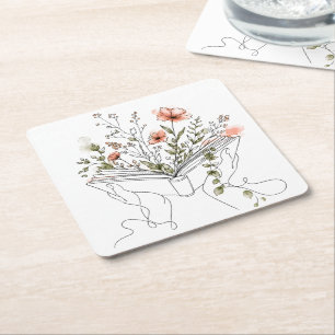 Porta-copo De Papel Quadrado Arte Botânica de Livro em Linhas da Blooms