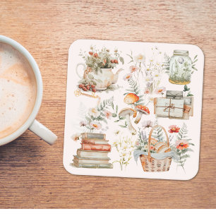 Porta-copo De Papel Quadrado Arte Caprichoso de Casa de Campo com Cogumelos Flo