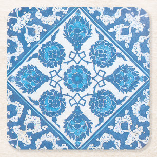 Porta-copo De Papel Quadrado Arte de Azulejo Falso Flor de Milho Azul Branco Vi