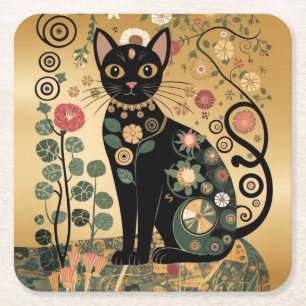 Porta-copo De Papel Quadrado Arte de Gato Preto Decorativo Dourado no Estilo Gu